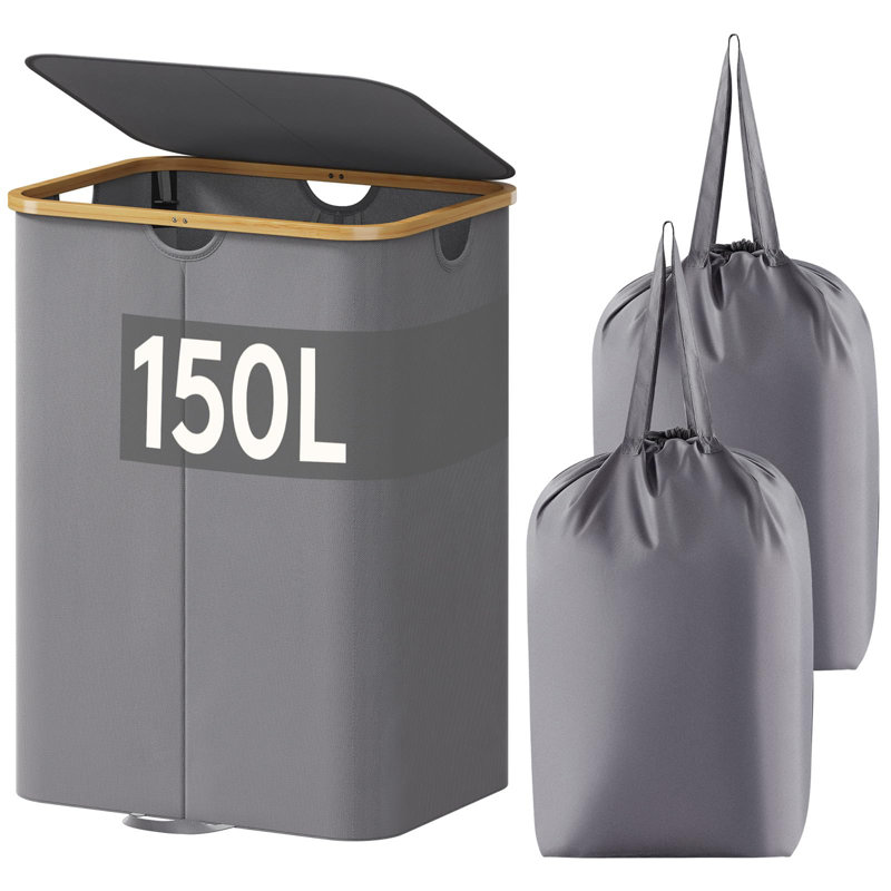 150L Double Laundry Hamper with Lid, Gray