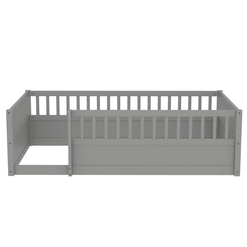 Twin Montessori Wooden Floor Bed with Safety Fence, White, Kids Bedroom and Playroom Floor Bed, Twin, White