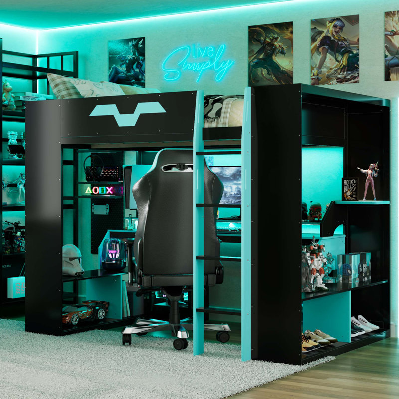 Lit mezzanine en bois avec éclairage RVB et concentrateur électrique intégré, Bleu, noir