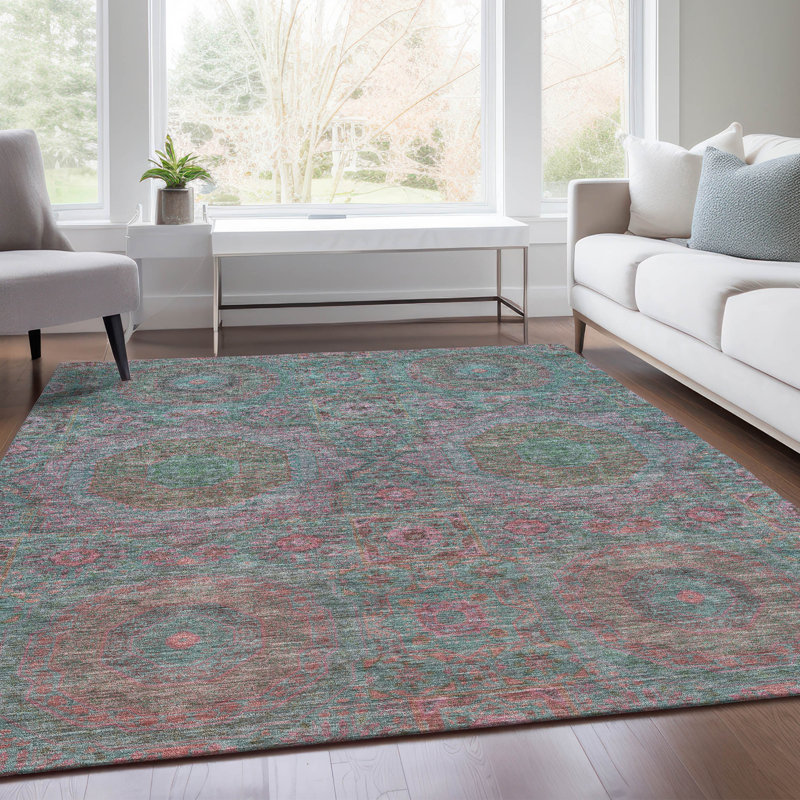 Machine Washable Indoor/Outdoor Xhevrie Teal Rug, Rectangle 5' x 7'6"