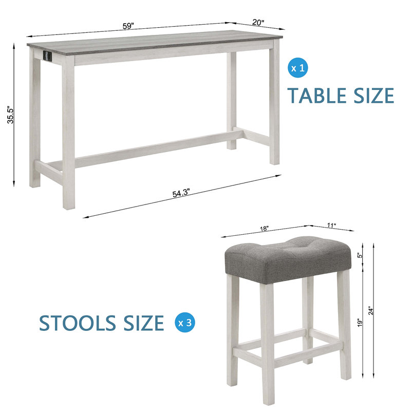 Ensemble de table de bar 4 pièces avec prise de courant, ensemble de table de bar avec chaises, table de bar avec tabourets, table de canapé avec 3 tabourets rembourrés