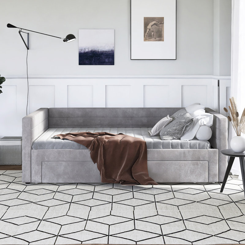 Twin Upholstered Extendable Daybed With Trundle, 2 Drawers, Gray