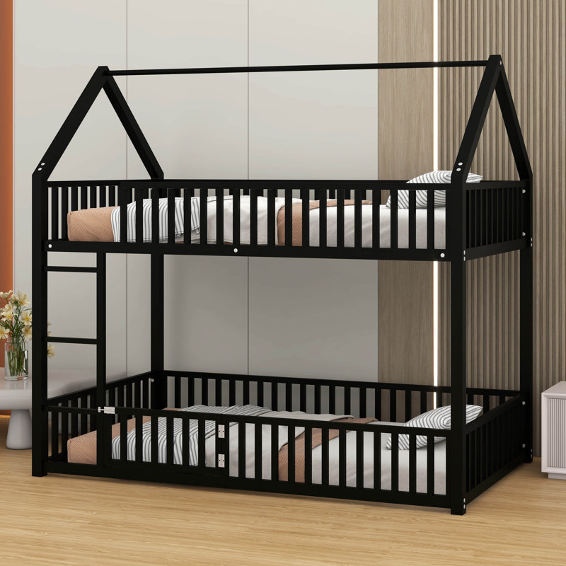 Twin Over Twin Bunk Bed With Door And Fence, Metal House Bed Frame With Guardrail And Ladder, Black