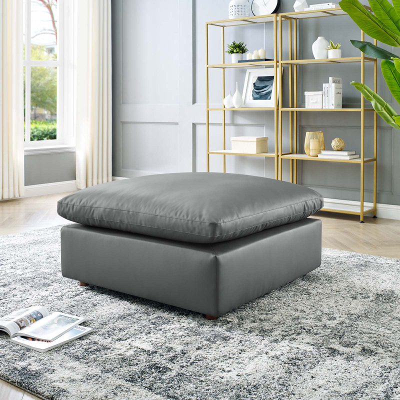 Modway Commix Down Filled Overstuffed Vegan Leather Ottoman, Gray Faux Leather