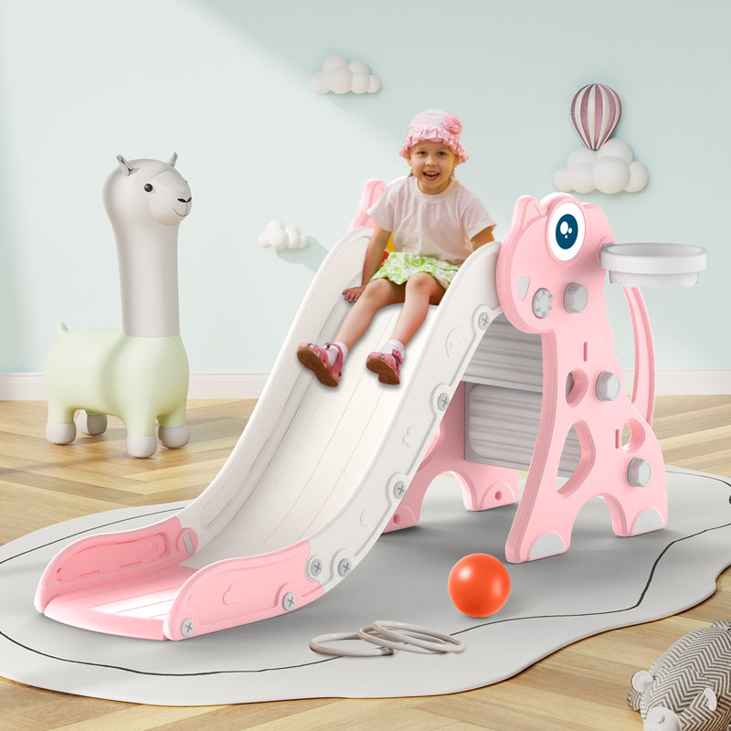 Toddler Slide With Basketball Hoop For Ages 1-3 - Indoor/Outdoor Dinosaur Pink Climber Playset