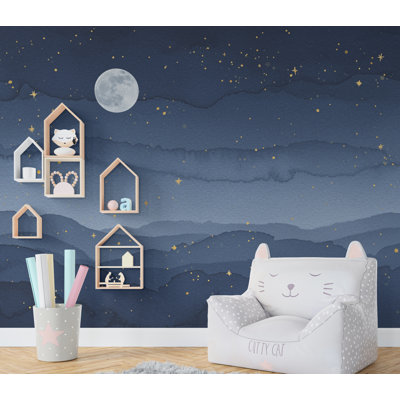 Mur de nuit étoilé aquarelle de luxe - pleine lune et étoiles dorées, art mural pour chambre à coucher, salon, chambre de bébé