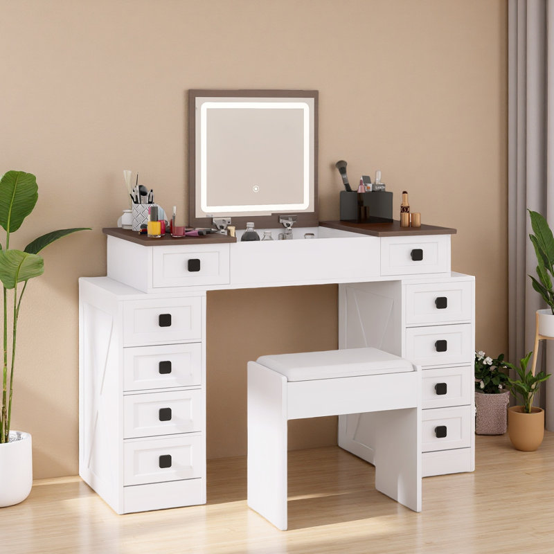Meuble-lavabo avec éclairage à DEL à intensité variable avec 10 tiroirs, table de maquillage avec miroir rabattable pour économiser de l'espace, grand ensemble de coiffeuse avec tabouret et tiroirs