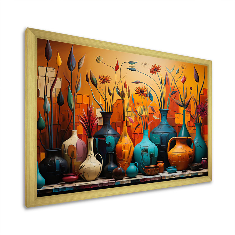 «Orange Boho Pottery Expressions I», art sur toile Boho Pottery, Cadre doré à coins fermés, H 24 po x l 32 po x P 1 po