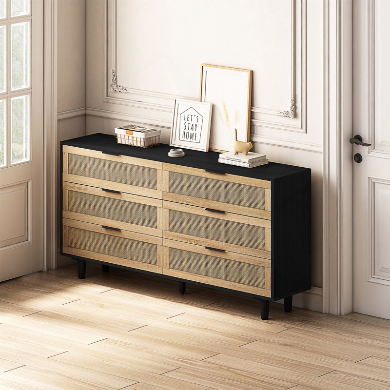 Armoire de rangement en rotin 6 tiroirs, Noir, 29.53" H x 59.06" W x 15.75" D