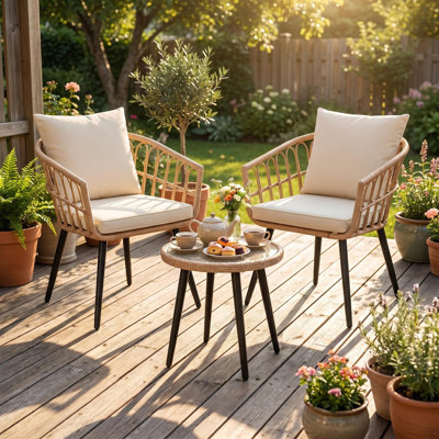 Ensemble bistro 3 pièces pour patio, table en rotin d'extérieur et 2 chaises avec coussins pour balcon, porche, cour, terrasse, bord de piscine