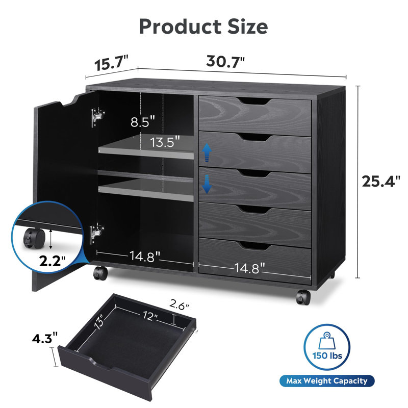C-black 30.8“ Wide 5 Drawer Mobile File Cabinet, Black