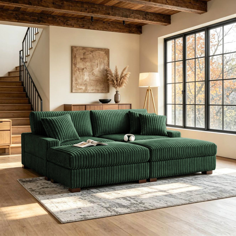 4 - Piece Upholstered Green Faux Rabbit Fur Flannel Modular Sectional Sofa with Throw Pillows & Removable Ottomans