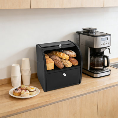 2-Tier Roll Top Bread Box, Carbon Steel Countertop Bread Storage with Vents, Black