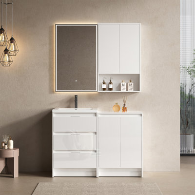 Meuble-lavabo autoportant 48 po avec lavabo en résine, 1 armoire de rangement et 1 armoire murale, tiroirs et porte à fermeture en douceur, contreplaqué (KD-Packing)