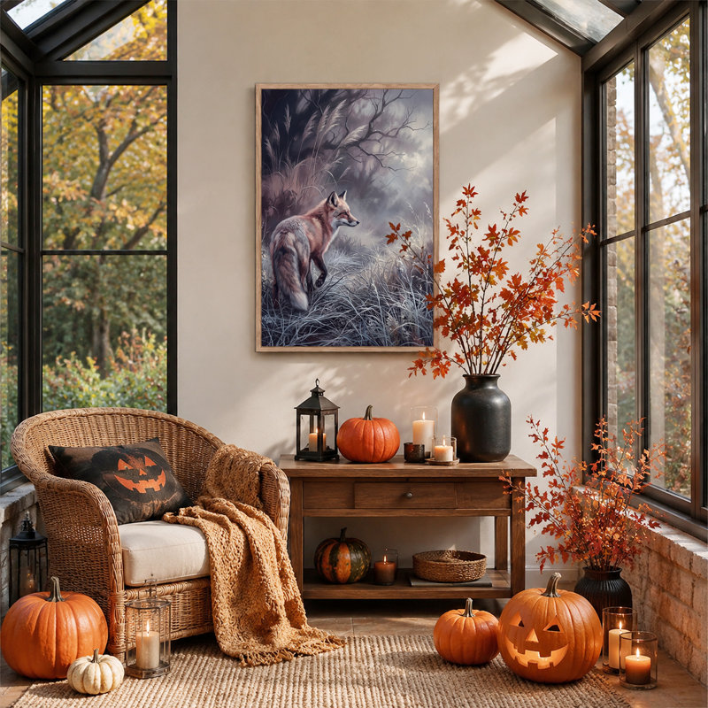 Toile murale d'Halloween représentant un renard roux marchant dans les hautes herbes, 24"H x 18"W