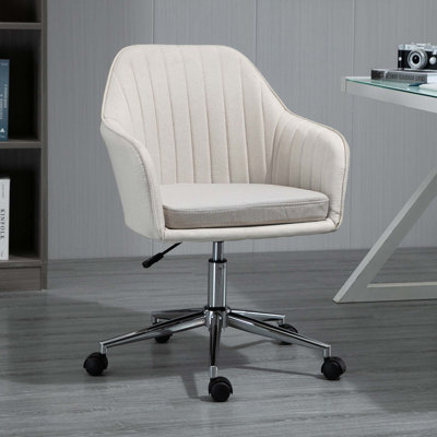 Chaise de travail à dossier moyen, chaise de bureau à domicile en tissu, chaise de bureau pivotante avec forme de baignoire et dossier à motif doublé pour le salon, la chambre à coucher, beige