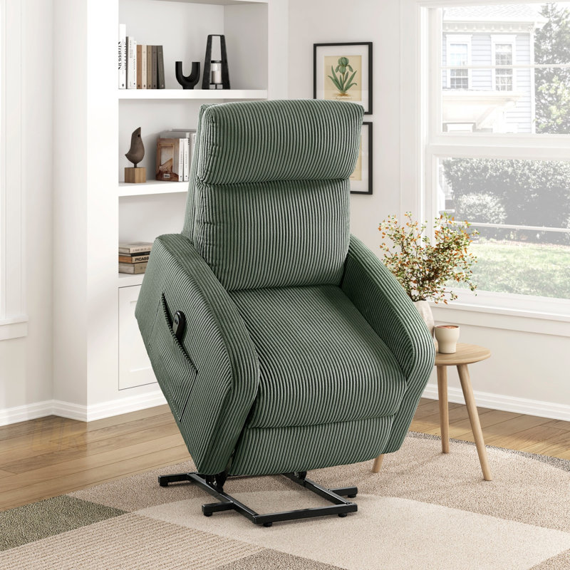 Contemporary Power Lift Chair Recliner With Plush Corduroy Upholstery And Comfort Side Pocket For Living Room, Green
