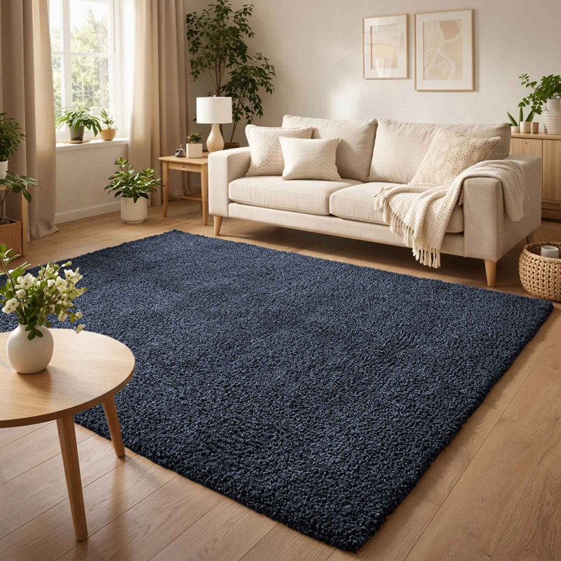 Ainsley Plain Living Room Shaggy Area Rug Modern Soft Pile Polyester Rug, Rectangle 200 x 290 cm, Navy