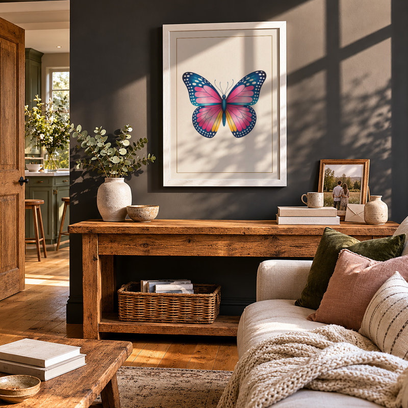 Symmetrical Butterfly Botanical - Framed Print, A2 - 59.4 x 42.0 cm, White