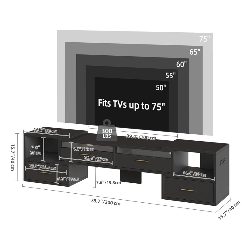 Begga 78.7" LED Light Turnable Combination TV stand with Power Outlet, Black