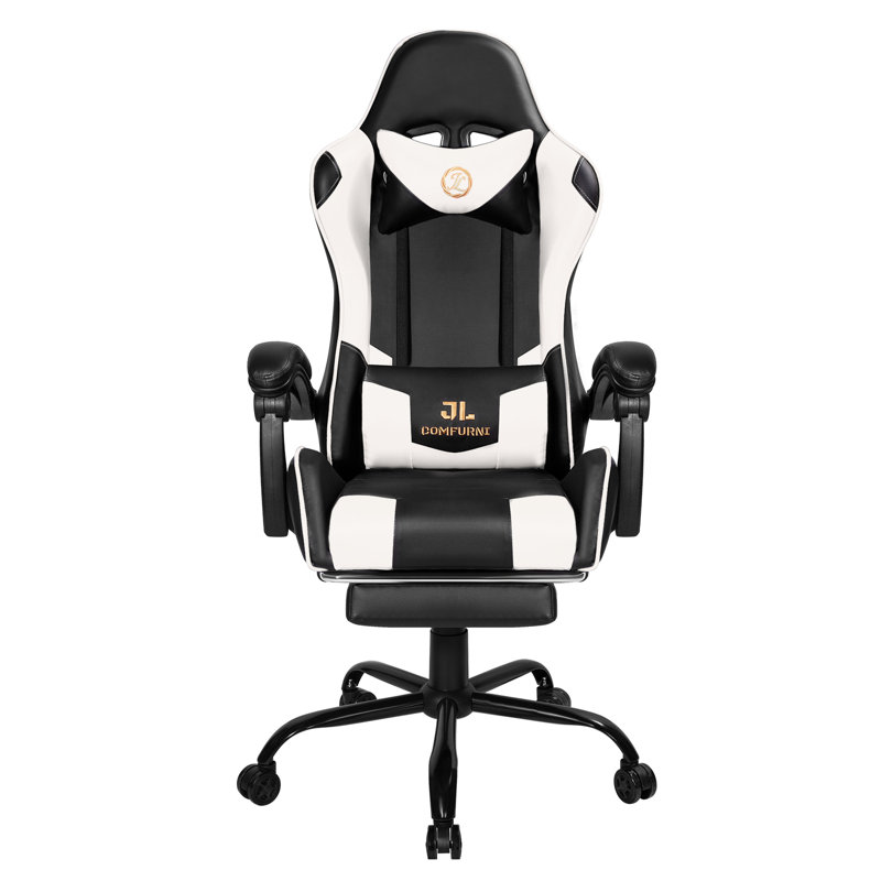 Footrest Gaming Chair with Lumbar Pillow Massage Function, White/Black