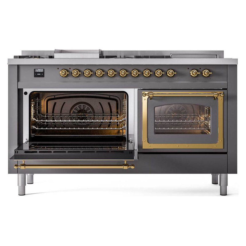 ILVE Nostalgie II Noblesse 60 in Dual Fuel Range 7 Burner, Griddle, Frenchtop, Natural Gas, Graphite Matte/Brass