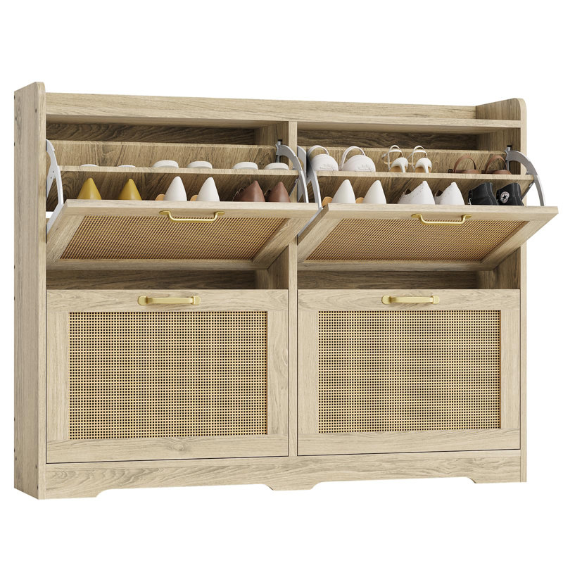 Rattan Shoe Cabinet with 4 Flip Drawers, Breathable Hidden Shoe Storage for Entryway