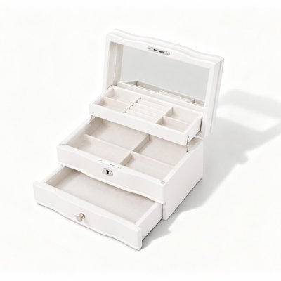 Organisateur de boîte à bijoux blanc avec miroir intégré, serrure, rouleaux d'anneaux, compartiments divisés et tiroir spacieux