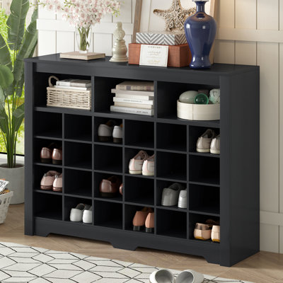 Sleek Design 24 Shoe Cubby Console, Modern Shoe Cabinet With Curved Base, Versatile Sideboard With High-Quality For Hallway, Bedroom, Living Room, Black, Shoe Storage