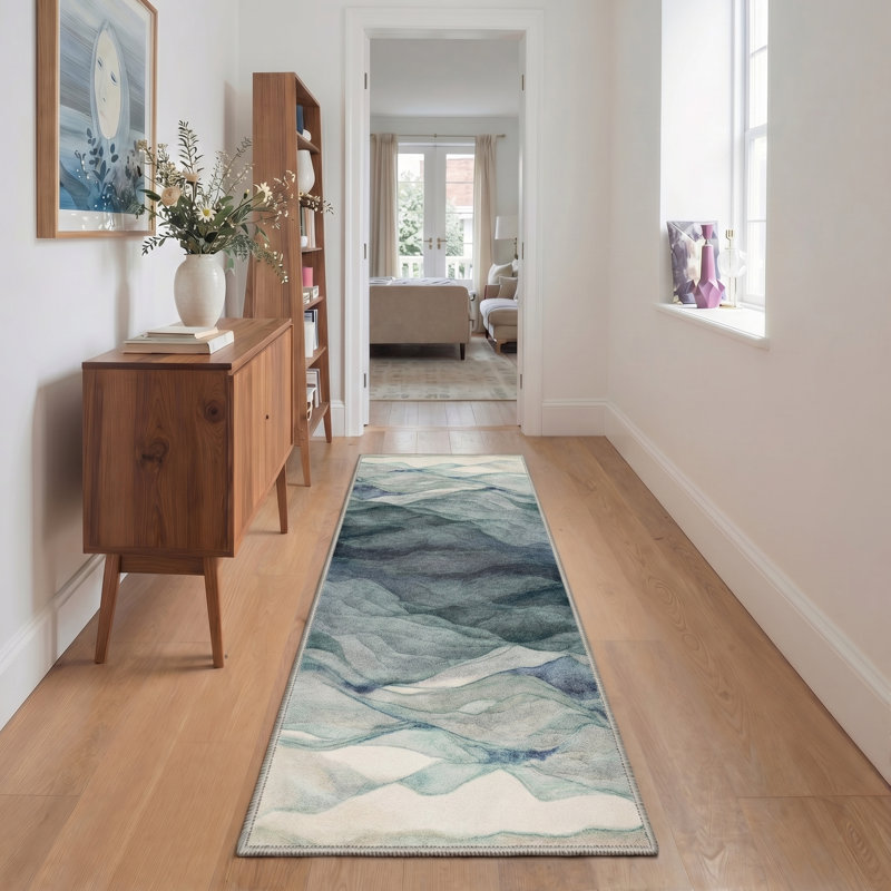 Tonicka Mistara Abstract Machine Washable Green / Beige Indoor Area Rug with Non-Slip Backing, Runner 2' x 6'