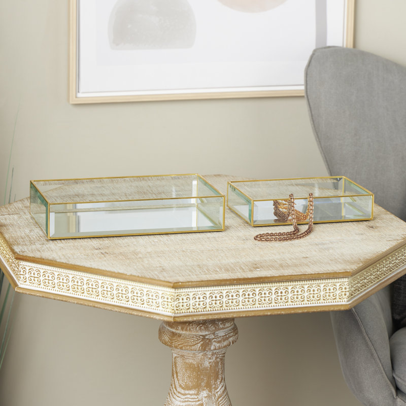 Ensemble de boîte à bijoux en verre transparent biseauté avec cadre en métal doré