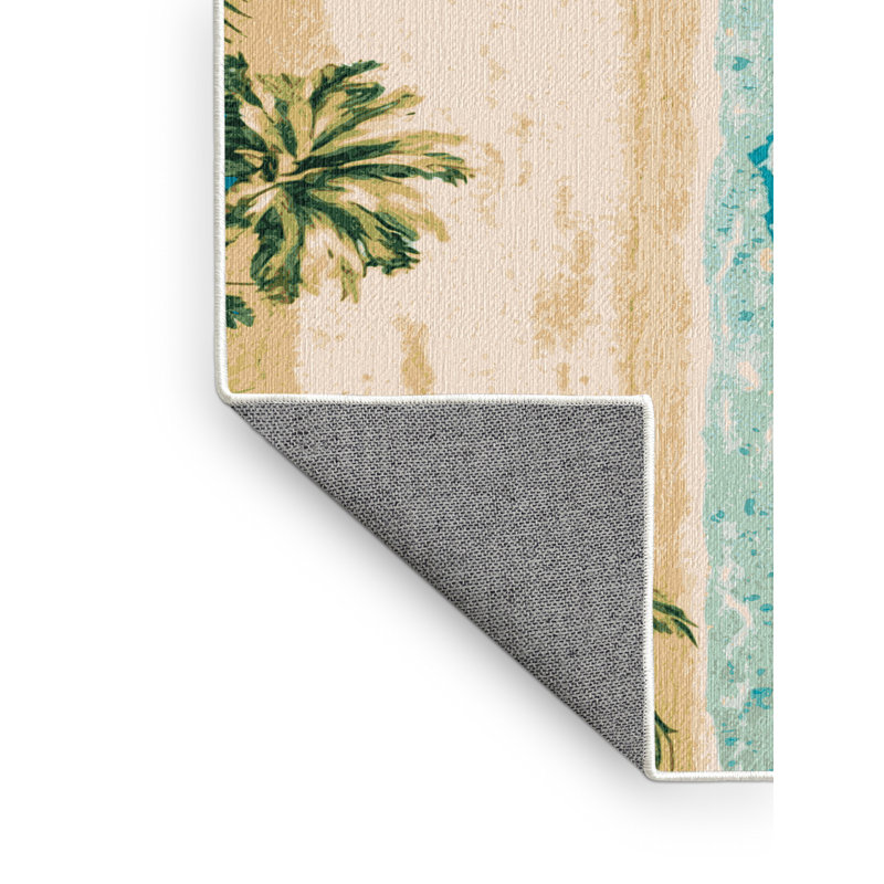 Washable Caribbean Beach Coastal Area Rug, Round 8'