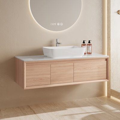 Meuble-lavabo simple 48 po avec comptoir en pierre noire, meuble-lavabo flottant en bois massif multi-couches avec un tiroir et une armoire