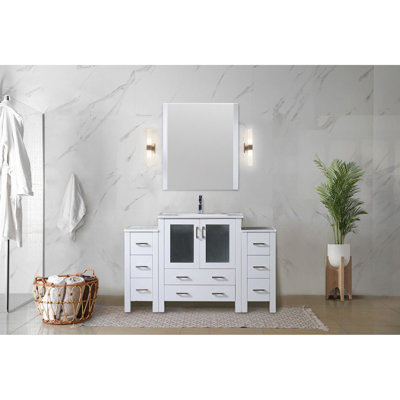 54 po Large meuble-lavabo blanc avec armoires latérales, miroir inclus, comptoir en céramique à fermeture en douceur, comptoir durable, beaucoup de rangement pour les gels de douche avec comptoir de bain, 28 grattoirs et teinture pour miroir,