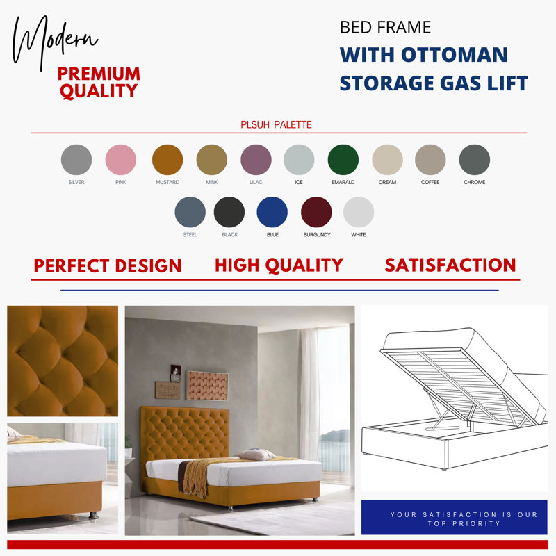 Adriella Upholstered Ottoman Storage Bed, Double (4'6), Mustard