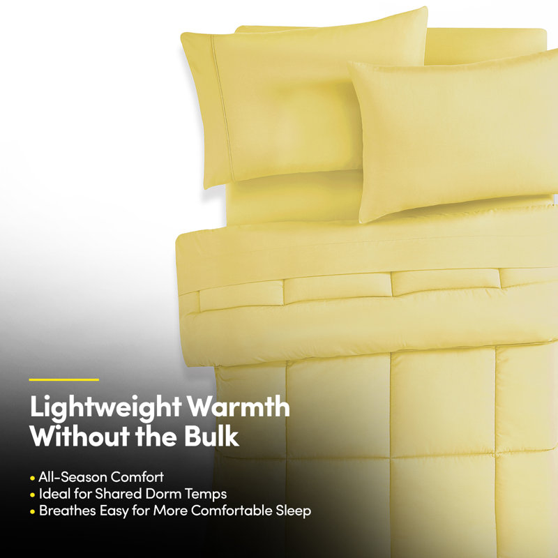 7PC Campus Ready Dorm Twin XL Bedding Bundle, Solid Comforter, Pillows And Sheet Set, Yellow