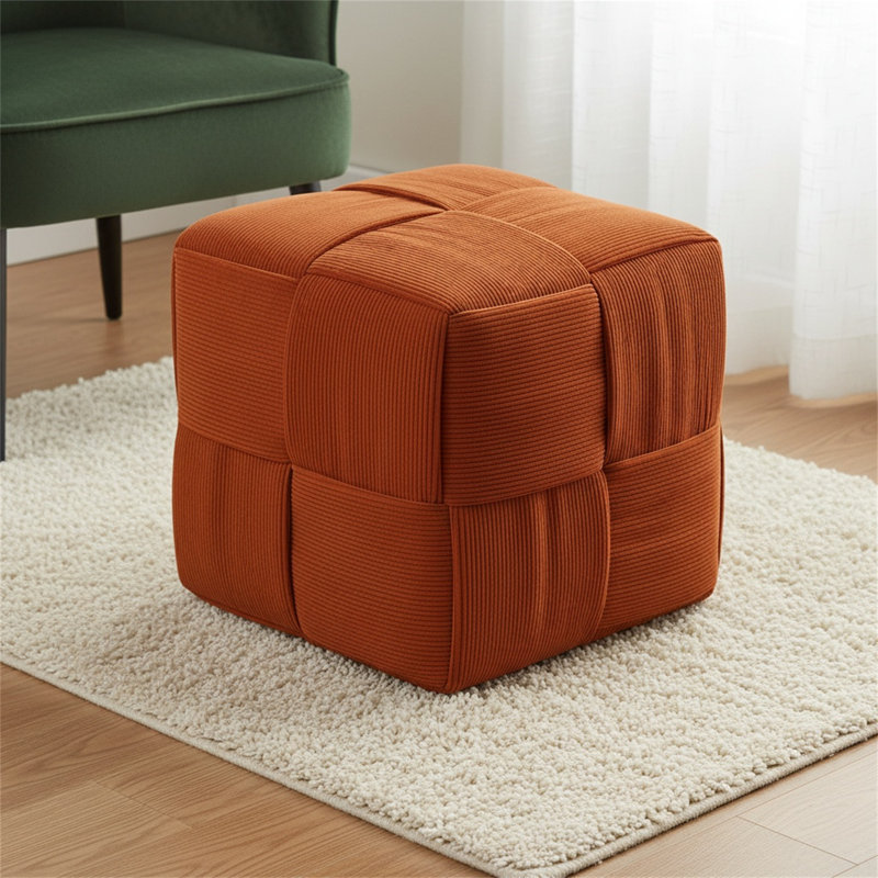 Square Ottoman Footstool, Soft And Comfortable Corduroy Woven Design Sofa Stool, Brown