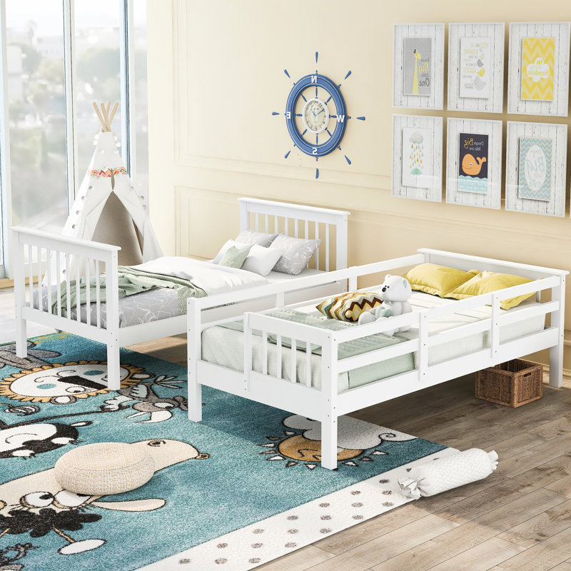 Lit superposé Twintwin avec tablettes de rangement fonctionnelles et garde-corps, armoires blanches pour animaux
