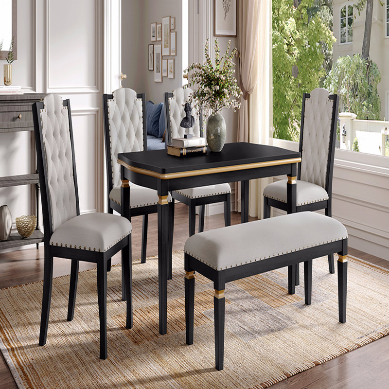 Ensemble de table de salle à manger de cuisine, table rectangulaire, chaises et bancs capitonnés à haut dossier