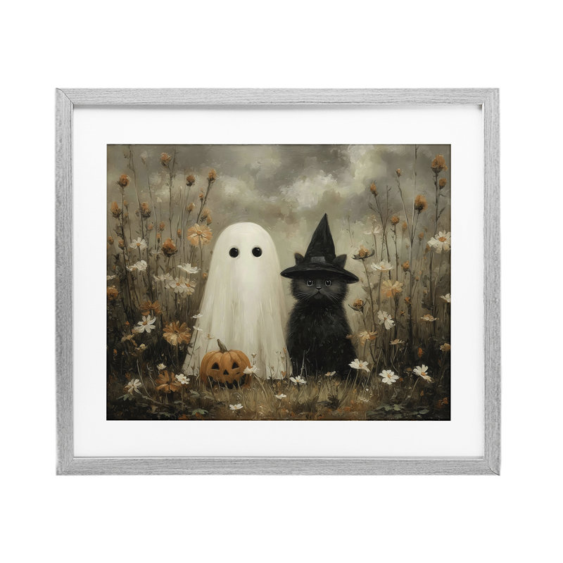«Ghost and Black Cat», reproduction sous verre encadrée, design par Arlington Prints, H 17 po x l 21 po, Cadre de ferme gris