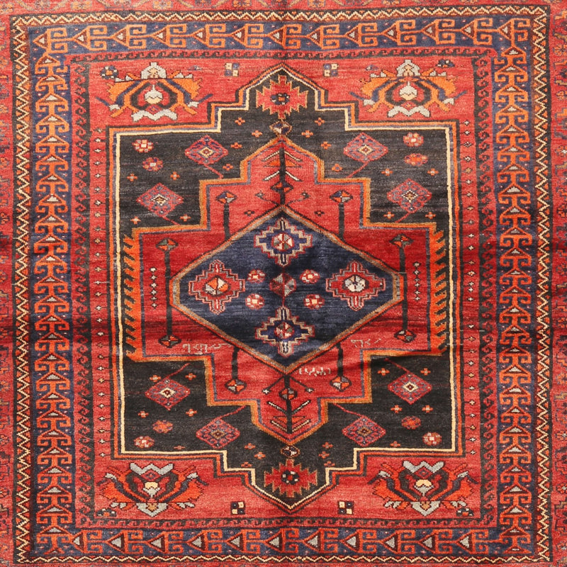 Tapis oriental en laine et polyester rouge et noir tissé au métier mécanique, Carré 6 pi