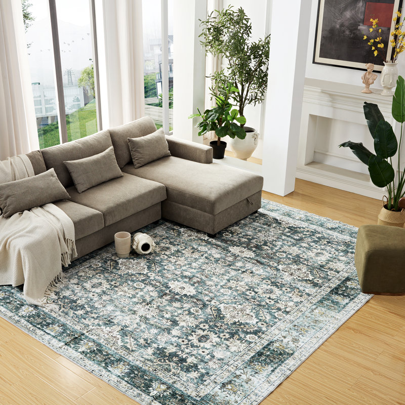Tapis oriental rectangulaire en polyester lavable à la machine en vert / brun Southstoke, Rectangle 7 pi 10 po x 10 pi 3 po