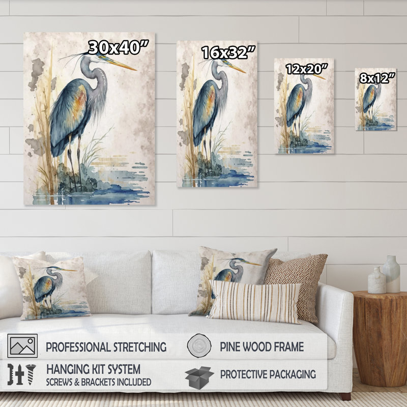 «Whylie Heron By The Waterside Watercolor I», reproduction d'art sur toile, H 40 po x l 30 po, Toile tendue, Sans cadre