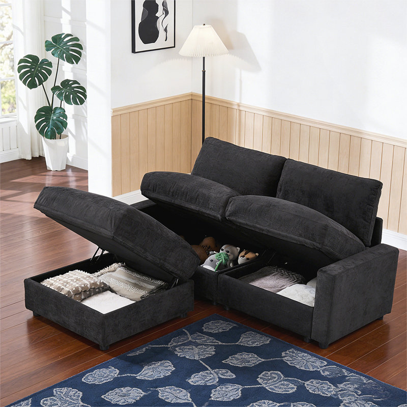 Canapé modulaire modulaire avec 3 rangements, canapé en L en polyester pour salon avec repose-pieds, Black