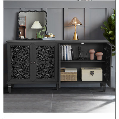 Elegant Antique Buffet Cabinet with Floral Carvings, Solid Wood Legs, Adjustable Shelves, and Antique Brass Handles for Living and Dining Rooms