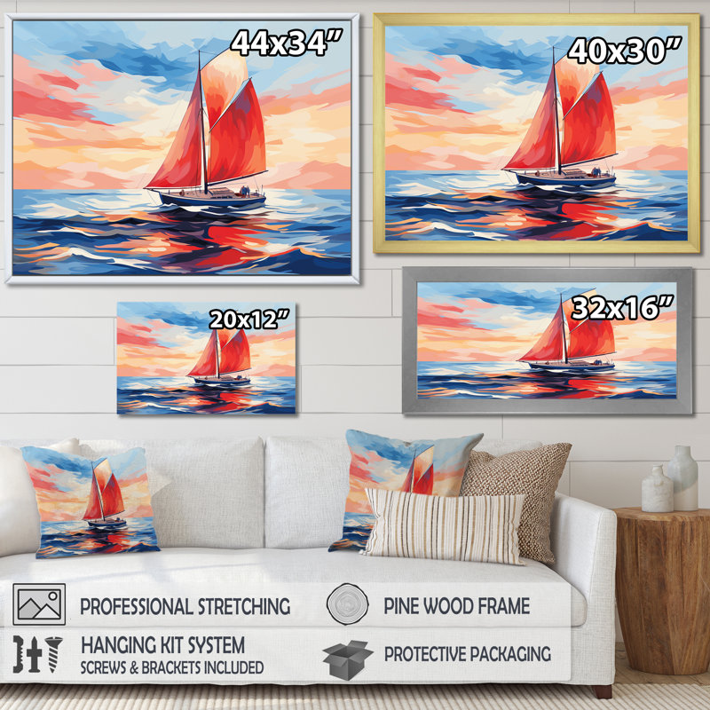 Coucher de soleil sur un bateau à voile I - Bateau, art mural, Cadre flottant blanc, H 16 po x l 32 po x P 1 po