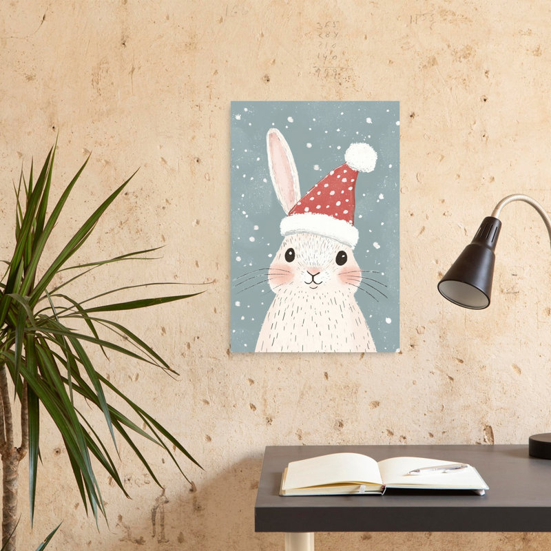 Cute Christmas Bunny Abstract Contemporary Rabbit Winter Forest Wall Art Print 1 Piece Wrapped Canvas Wall Art