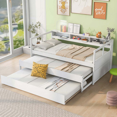 Wood Daybed With 2 Trundles, 3 Storage Cubbies, USB Charging And Free Light Design