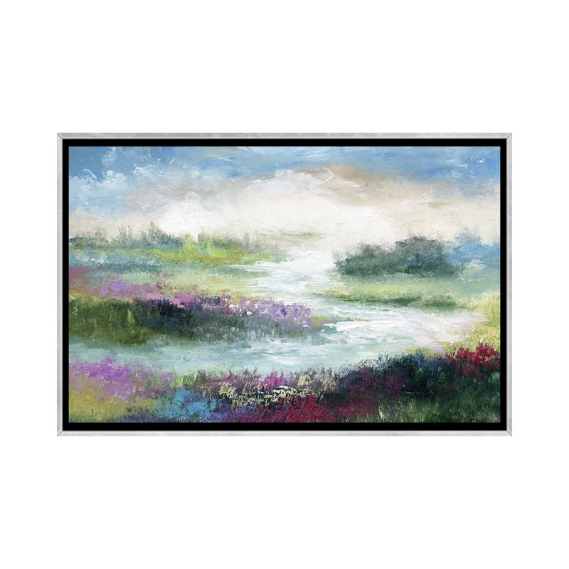 «Pastoral Meadow» par Nan - reproduction imprimée, H 26 po x l 40 po x P 1,5 po, Encadrement argenté