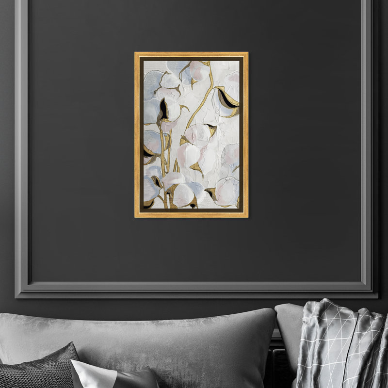 Tige dorée florale, fleurs de coton blanc moderne - peinture sur toile, H 15 po x l 10 po x P 1,75 po